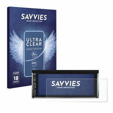 Front side of a product packaging with the brand logo Savvies. Next to it is the device Hikity Carplay 6.86