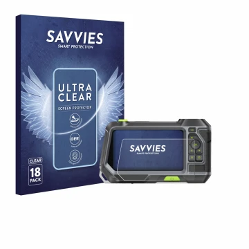 Front side of a product packaging with the brand logo Savvies. Next to it is the device Teslong NTS500 shown with the correspo