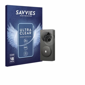 Front side of a product packaging with the brand logo Savvies. Next to it is the device Aqara Hub G410 shown with the correspo