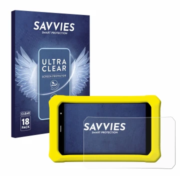 Front side of a product packaging with the brand logo Savvies. Next to it is the device Clementoni Clempad 8
