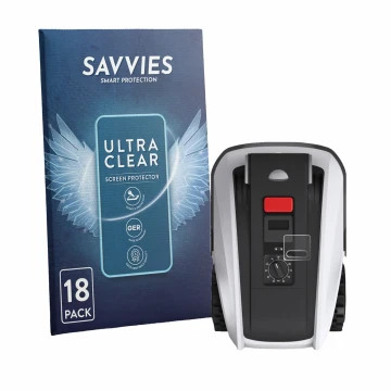 Front side of a product packaging with the brand logo Savvies. Next to it is the device Ecovacs Goat O800 RTK shown with the c