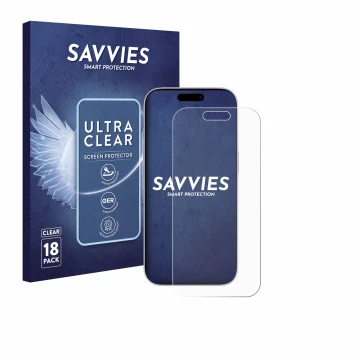 Front side of a product packaging with the brand logo Savvies. Next to it is the device Apple iPhone 17 shown with the corresp