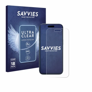 Front side of a product packaging with the brand logo Savvies. Next to it is the device Apple iPhone Air shown with the corres