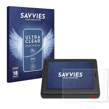 Front side of a product packaging with the brand logo Savvies. Next to it is the device XC Tracer Maxx III shown with the corr