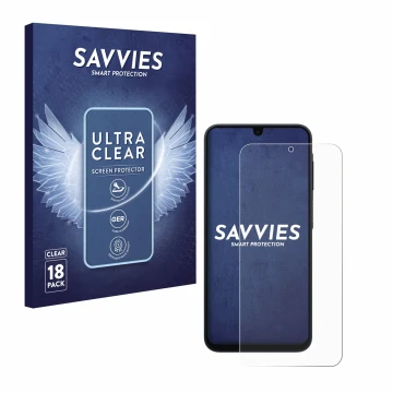 Front side of a product packaging with the brand logo Savvies. Next to it is the device Samsung Galaxy A17 5G shown with the c