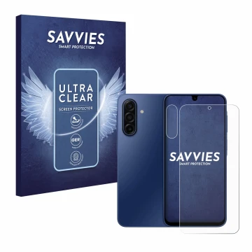Front side of a product packaging with the brand logo Savvies. Next to it is the device Samsung Galaxy A17 5G (Front+Camera) s