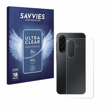 Front side of a product packaging with the brand logo Savvies. Next to it is the device Samsung Galaxy A17 5G (Back) shown wit