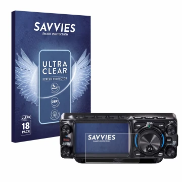 Front side of a product packaging with the brand logo Savvies. Next to it is the device Yaesu FTX-1 shown with the correspondi
