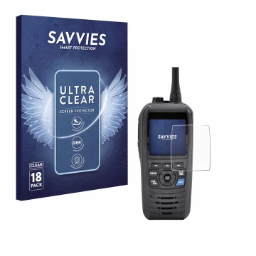 Front side of a product packaging with the brand logo Savvies. Next to it is the device Icom IC-M94D shown with the correspond