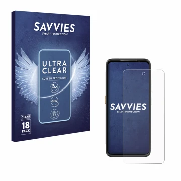 Front side of a product packaging with the brand logo Savvies. Next to it is the device Ulefone Armor 23 Ultra shown with the 