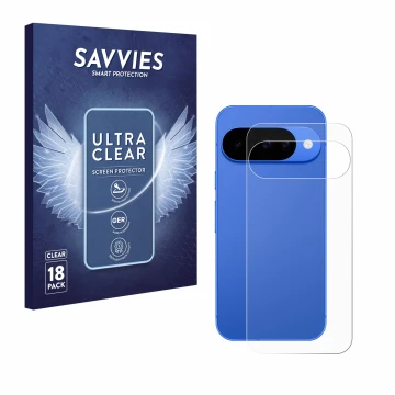 Front side of a product packaging with the brand logo Savvies. Next to it is the device Google Pixel 10 (Back) shown with the 
