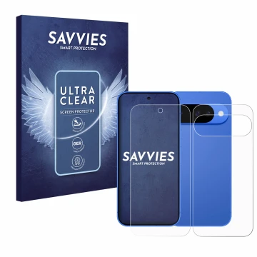Front side of a product packaging with the brand logo Savvies. Next to it is the device Google Pixel 10 (Front+Back) shown wit