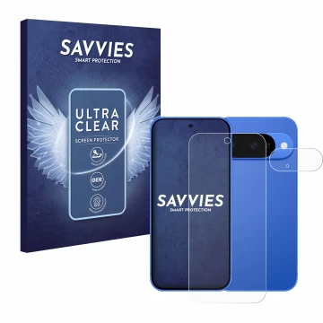 Front side of a product packaging with the brand logo Savvies. Next to it is the device Google Pixel 10 (Front+Camera) shown w