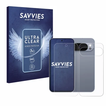 Front side of a product packaging with the brand logo Savvies. Next to it is the device Google Pixel 10 Pro (Front+Back) shown