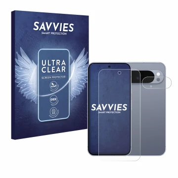 Front side of a product packaging with the brand logo Savvies. Next to it is the device Google Pixel 10 Pro XL (Front+Camera) 