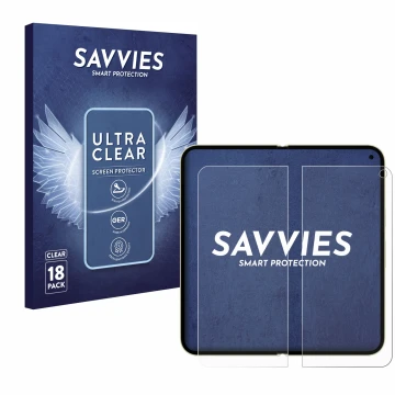 Front side of a product packaging with the brand logo Savvies. Next to it is the device Google Pixel 10 Pro Fold (Inner displa