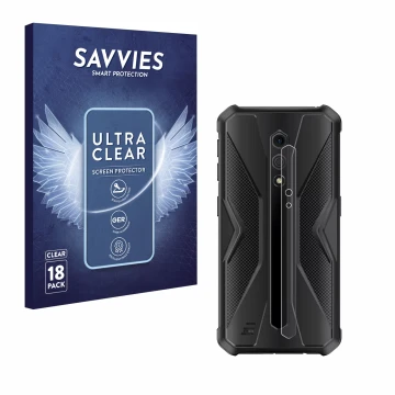 Front side of a product packaging with the brand logo Savvies. Next to it is the device Ulefone Armor X12 Pro (ONLY Camera Len