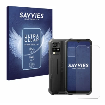 Front side of a product packaging with the brand logo Savvies. Next to it is the device Blackview BV4800 SE (Front+Camera) sho