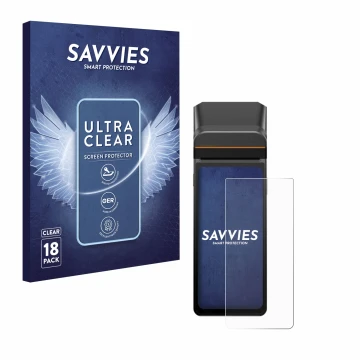 Front side of a product packaging with the brand logo Savvies. Next to it is the device Sunmi V3H shown with the corresponding