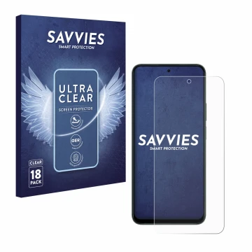 Front side of a product packaging with the brand logo Savvies. Next to it is the device Honor X7d 5G shown with the correspond
