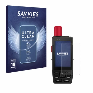 Front side of a product packaging with the brand logo Savvies. Next to it is the device Garmin GPSMAP H1i Plus shown with the 