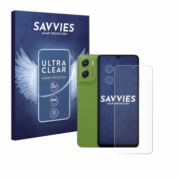 Front side of a product packaging with the brand logo Savvies. Next to it is the device Motorola Moto G06 Power (Front+Camera)