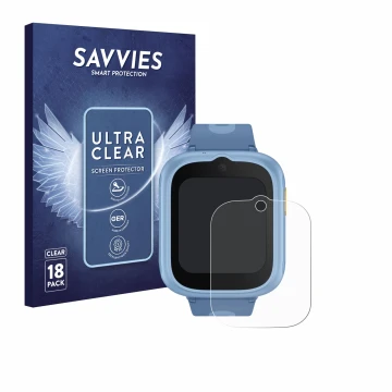 Front side of a product packaging with the brand logo Savvies. Next to it is the device TCL Movetime MT48 shown with the corre