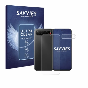 Front side of a product packaging with the brand logo Savvies. Next to it is the device Nubia Air (Front+Camera) shown with th