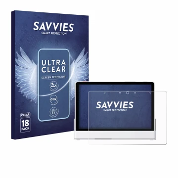 Front side of a product packaging with the brand logo Savvies. Next to it is the device eufy Smart Display E10 shown with the 