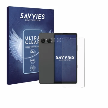 Front side of a product packaging with the brand logo Savvies. Next to it is the device Sony Xperia 10 VII (Front+Camera) show