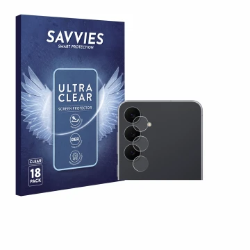 Front side of a product packaging with the brand logo Savvies. Next to it is the device Samsung Galaxy S25 FE Enterprise Editi