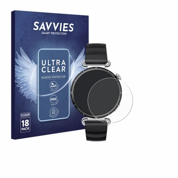 Front side of a product packaging with the brand logo Savvies. Next to it is the device Huawei Watch GT 6 (41 mm) shown with t