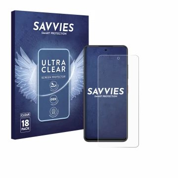 Front side of a product packaging with the brand logo Savvies. Next to it is the device Nubia Focus shown with the correspondi