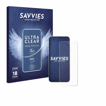 Front side of a product packaging with the brand logo Savvies. Next to it is the device Xiaomi 15T shown with the correspondin