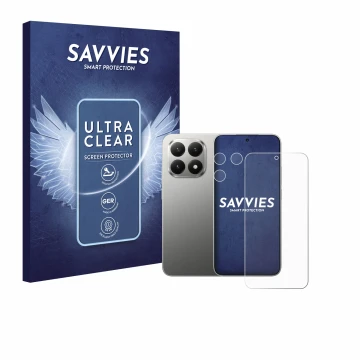 Front side of a product packaging with the brand logo Savvies. Next to it is the device Xiaomi 15T (Front+Camera) shown with t