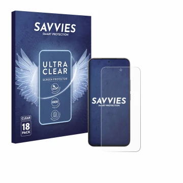 Front side of a product packaging with the brand logo Savvies. Next to it is the device Xiaomi 15T Pro shown with the correspo