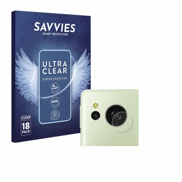 Front side of a product packaging with the brand logo Savvies. Next to it is the device Sharp Aquos Sense 8 (ONLY Camera) show