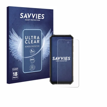 Front side of a product packaging with the brand logo Savvies. Next to it is the device Ulefone Armor X16 Pro shown with the c