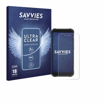Front side of a product packaging with the brand logo Savvies. Next to it is the device Ulefone RugKing shown with the corresp