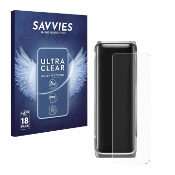 Front side of a product packaging with the brand logo Savvies. Next to it is the device EcoFlow Rapid Pro X shown with the cor