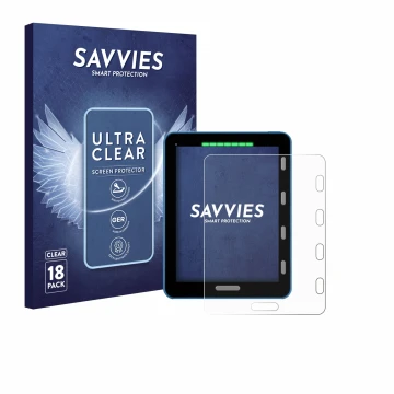 Front side of a product packaging with the brand logo Savvies. Next to it is the device Vakaros Atlas 2 / Edge shown with the 