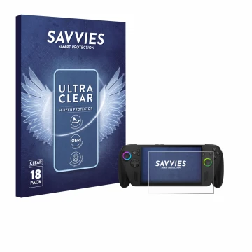 Front side of a product packaging with the brand logo Savvies. Next to it is the device ASUS ROG Ally X 2025 shown with the co