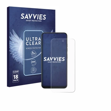 Front side of a product packaging with the brand logo Savvies. Next to it is the device Infinix Smart 10 shown with the corres