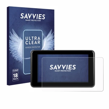 Front side of a product packaging with the brand logo Savvies. Next to it is the device Vechtel Motorrad Carplay 5