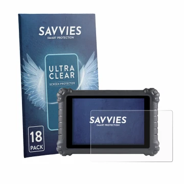 Front side of a product packaging with the brand logo Savvies. Next to it is the device Autel MaxiSys MS906 Pro shown with the