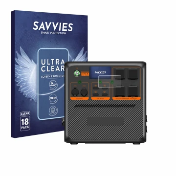 Front side of a product packaging with the brand logo Savvies. Next to it is the device Bluetti AC240P shown with the correspo