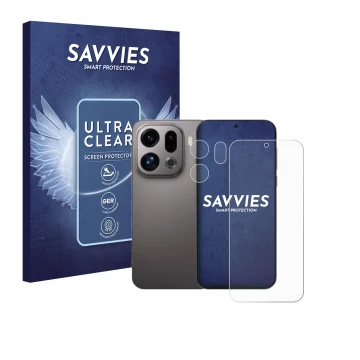 Front side of a product packaging with the brand logo Savvies. Next to it is the device Oppo Find X9 (Front+Camera) shown with