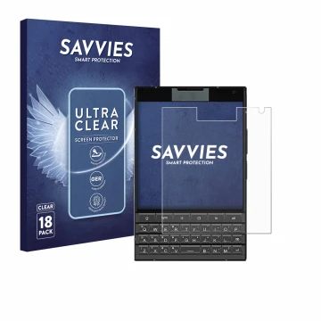Front side of a product packaging with the brand logo Savvies. Next to it is the device Unihertz Titan 2 shown with the corres