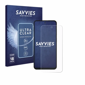 Front side of a product packaging with the brand logo Savvies. Next to it is the device Oukitel C69 shown with the correspondi