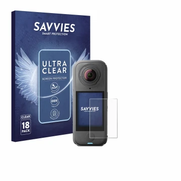Front side of a product packaging with the brand logo Savvies. Next to it is the device Insta360 X4 Air shown with the corresp